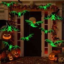 12PCS Halloween Hanging Bats Decor Scary Plastic Glowing Skeleton Black