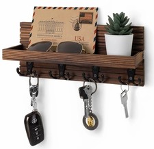 Rustic Wooden Key Holder for Entryway – Wall Mounted Mail Organizer with 4 Hooks