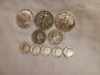 LOT OF 10 U.S. SILVER COINS WALKING LIBERTY 50C, QUARTERS, DIMES, KENNEDY HALF
