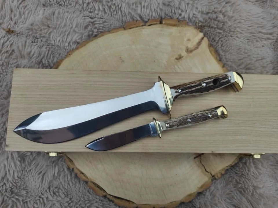 Waidbesteck Hirschhorn Waidblatt Jagdnicker Lederscheide + Holzbox Jagdmesser - Bild 4 von 4