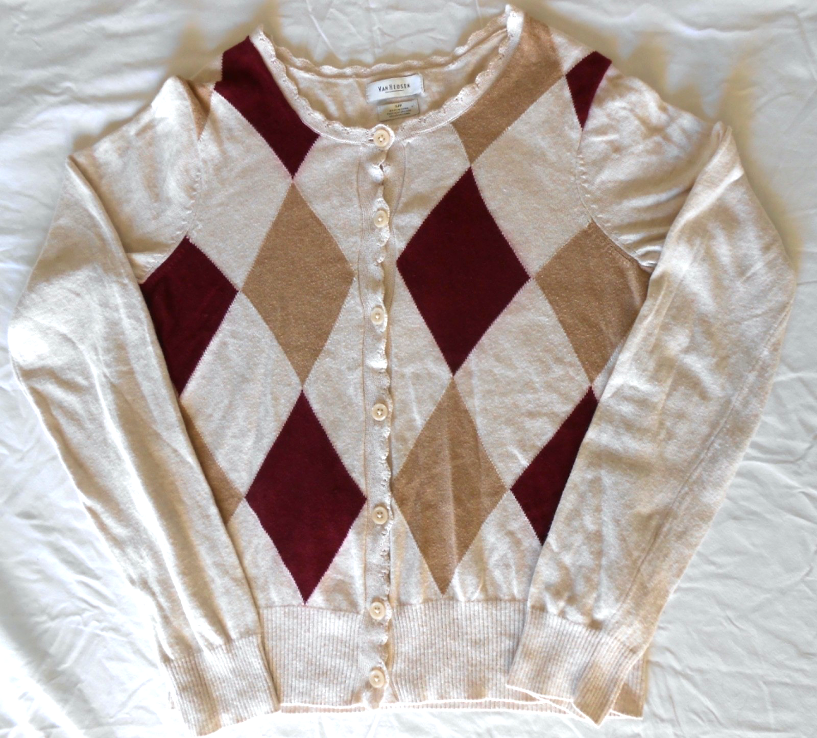 VanHeusen Argyle Cotton Cardigan Sweater Diamond Pattern Scallop Trim Women's S