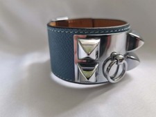 Wide Statement Blue Leather  CDC Cuff Bangle Silver Tone Metal Pyramid Studs