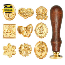 Wax Seal Stamp Kit- 9Pcs Vintage Brass Sealing Wax Stamps Head with Wooden Handl