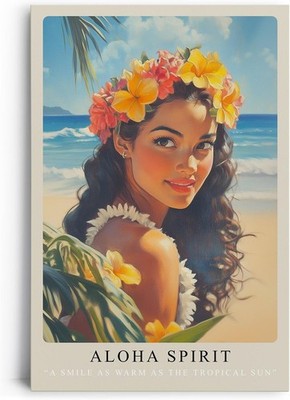 Leinwandbild Aloha Spirit   Frau, Hawaii, Tropen, Blumenkranz, Strand, Ozean,