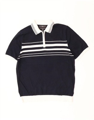 Marks & Spencer Mens Polo Shirt Large Navy Blue Striped Cotton BQ03