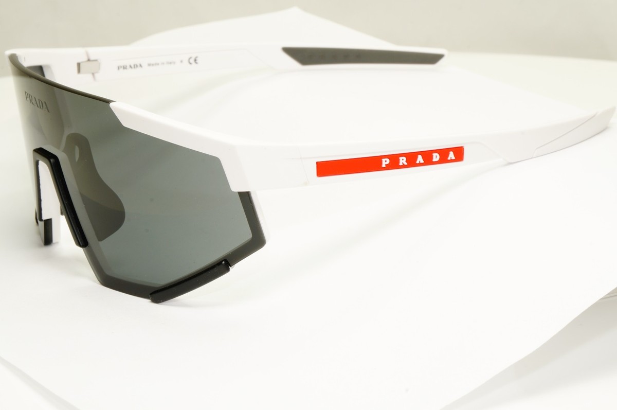 Prada Sunglasses White Shield Black Visor Red Stripe Mens SPS 04W 