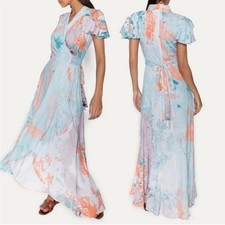 Raga Head In The Clouds Short Sleeve Wrap Maxi Dress Blue/White Multi Boho NEW!