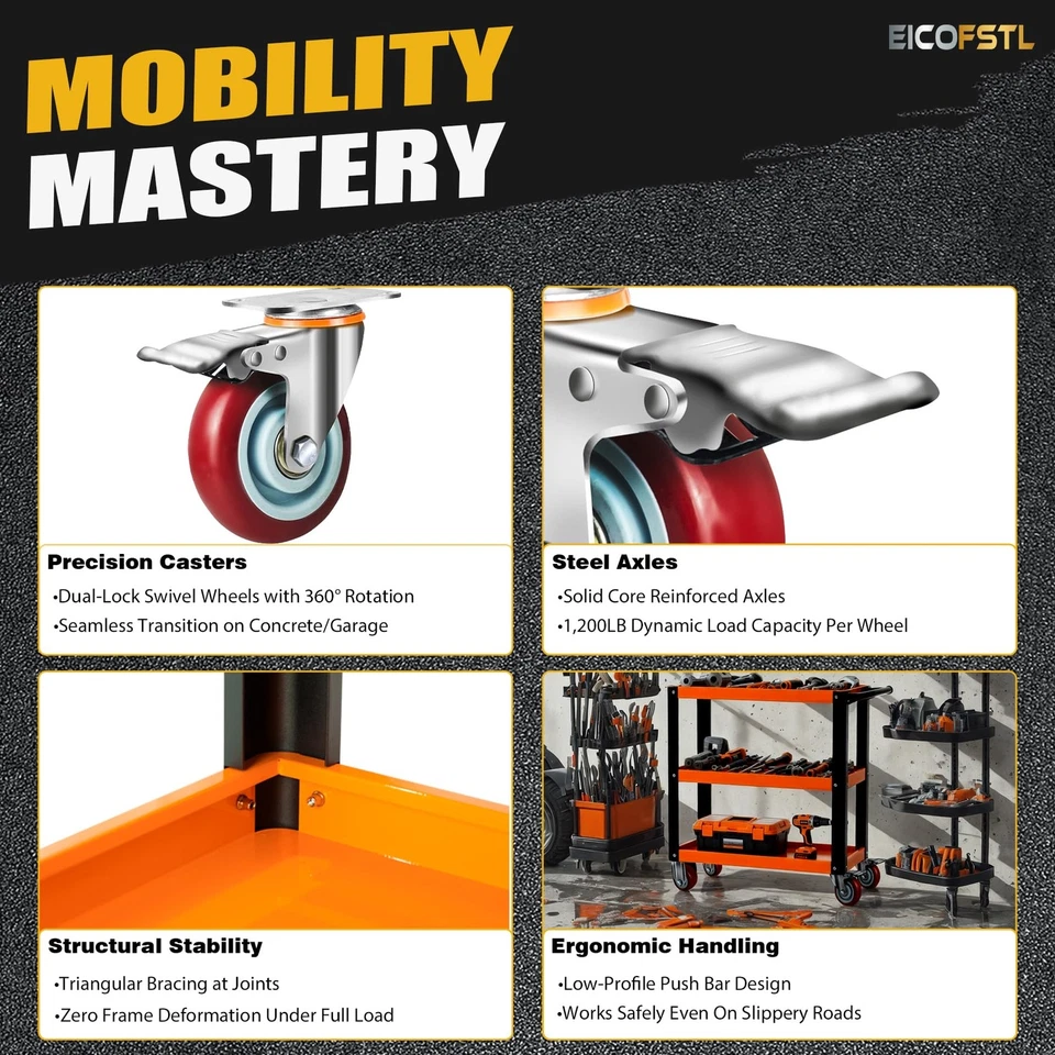 Carro de herramientas de acero inoxidable, carro utilitario de acero de aleación de 3 niveles de alta resistencia con Sc... Foto 4 de 4