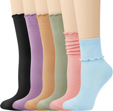 6 Pairs Ruffle Socks Soft Cute Frilly Turn-Cuff Long Casual Slouch Cotton Crew S