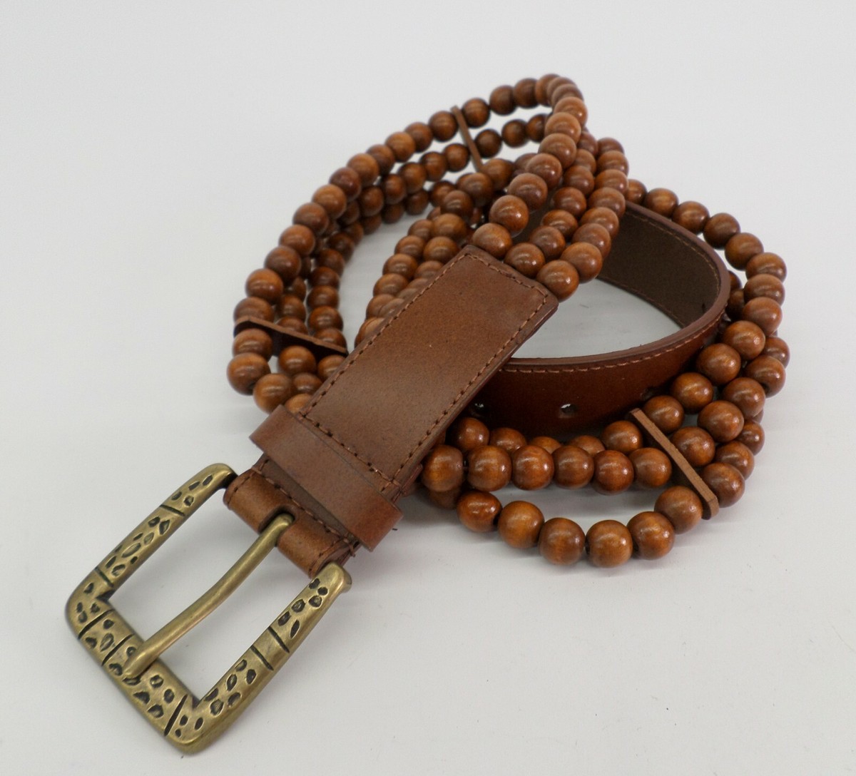 Steve Madden Wooden Beaded Belt Large 36 Leather Trim Brown  display picture 2