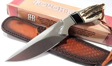 Rough Ryder Full Tang Stag Bone Handles Skinning Hunting Knife + Leather Sheath