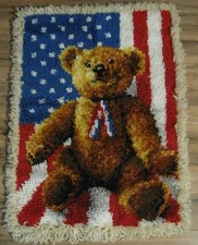 Completed Latch Hook Rug/Wall Hanging of American Flag  Patriotic Teddy Bear