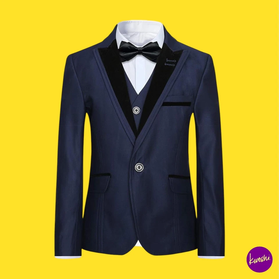 SLIKTAA Boys 3 Pieces Slim Fit Shawl Lapel Tuxedo Suit, Navy, Size 7/120 - Image 2 of 4