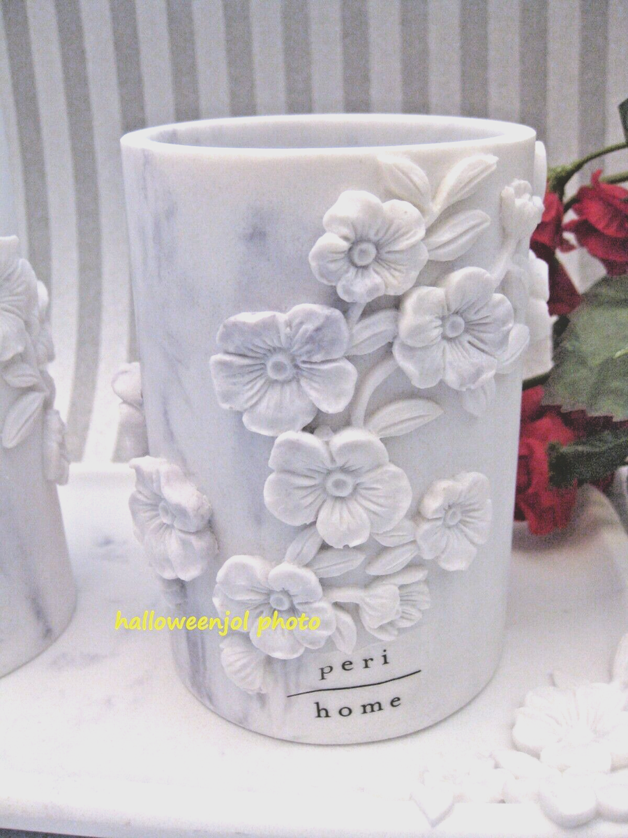 PERI HOME White Faux MARBLE Floral TUMBLER CUP Brush Holder