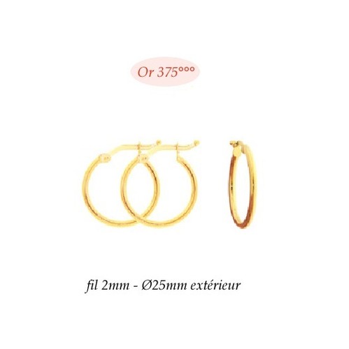 Dolly-Bijoux Boucles Oreilles Créole Fil 2 mm Lisse 25 mm Or Mssif 9K - Picture 2 of 2