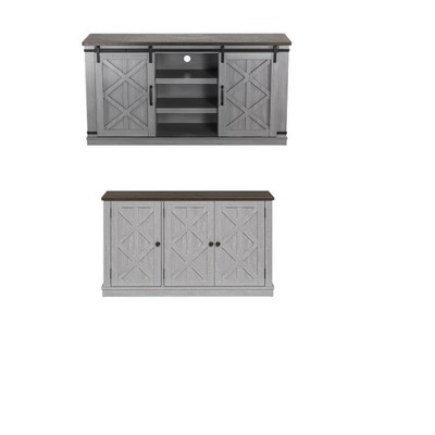 LIVILAND 2-piece Set of 58'' TV Stand w Barn Door & 48'' Cabinet - Gray