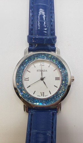 Statement STRADA Blue Crystal Face Blue Faux Leather Watch - Picture 2 of 5