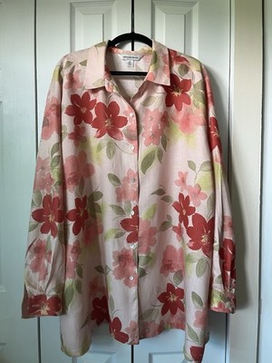 August Max Women s Shirt Linen Button Up Long Sleeve Floral Print Size 2X