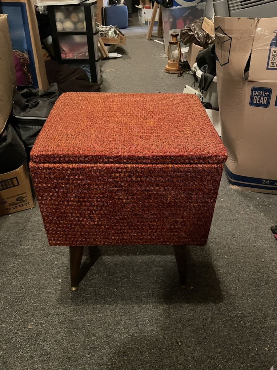 VINTAGE MID CENTURY MODERN SEWING STOOL FLIP UP STORAGE WOOD LEGS
