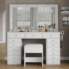 15 Drawer Makeup Vanity with Charging Station, 12 LED Bulbs, HD Mirror