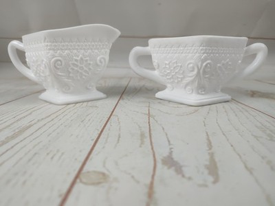 Vintage Indiana Open Cream & Sugar Bowls Sandwich Milk Glass Floral Pattern