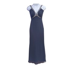 Y2K Faviana Navy Blue Chiffon Gown Beaded Prom Formal Dress Ruffle Back Size 0