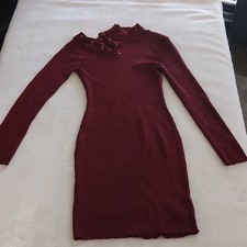 Dress by: No Boundaries Burgundy Knit Sweater Bodycon Lace Up Mock Neck M