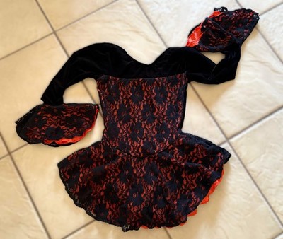 NEW GIRLS Black & Orange LACE Ruffle SALSA Competition FIGURE ICE SKATING Dress