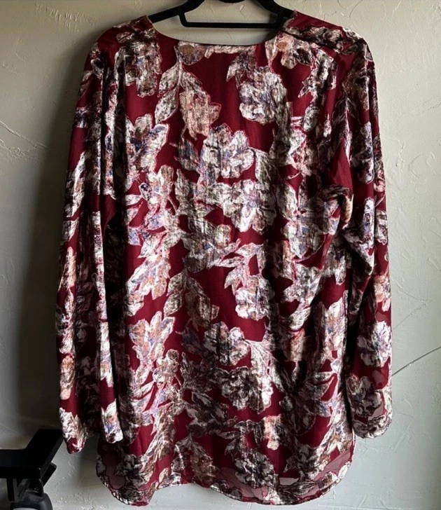 NastyGal Floral Devore V 领迷你连衣裙 Burnout Velvet 尺寸 8 勃艮第/红色 — 第 3/4 张图片