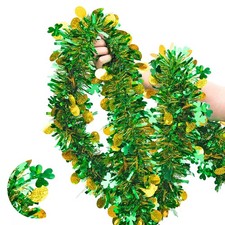 33FT St. Patrick's Day Tinsel Garland Shamrock Clover Green Gold Metallic Twi...