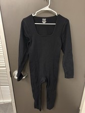 Black Ribbed Long-sleeve Unitard One Piece Bodysuit Size XL AA-03