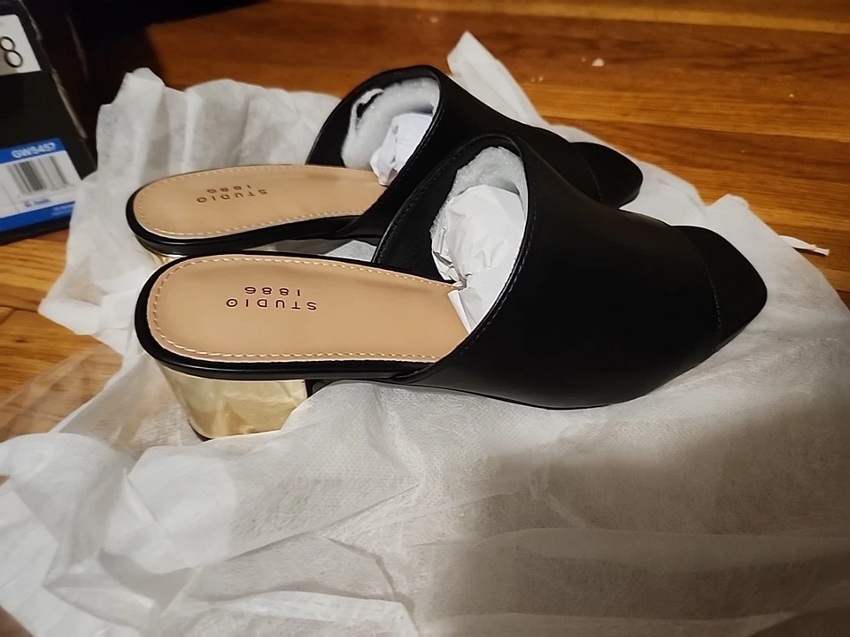 Sandalias de cuña para mujer Studio 1886 by AVON de cuero negro bloque dorado talla 9 Foto 2 de 4