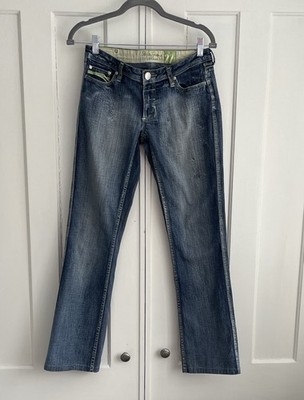 Pepe Jeans Y2K Low Rise Blue Boot Cut Women's 27 28 Stretch Green Stitching 