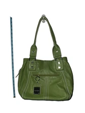 Tignanello Green Leather Handbag Shoulder Bag Purse lots of Pockets Full Zipper