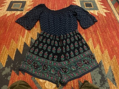 Ettitwa Anthropologie Romper Boho Blue Floral Off Shoulder one piece Size L Nice