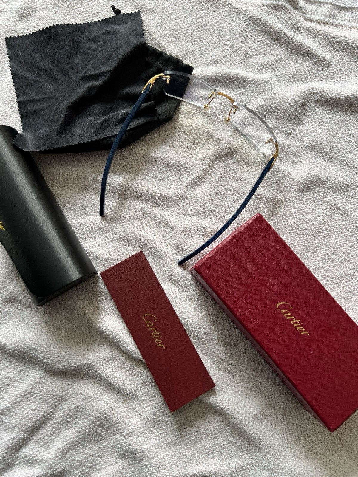 Cartier Rimless Mens Sunglasses with Wood Gold Frame & Blue Wood Lenses-image