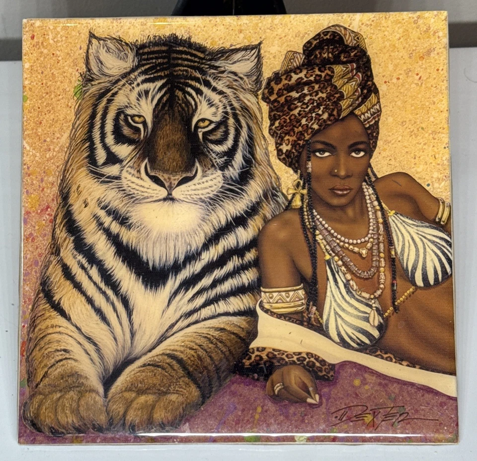 "Azulejo de cerámica Griffin Dexter mujer africana y tigre firmado cuadrado de 8""" Foto 3 de 4