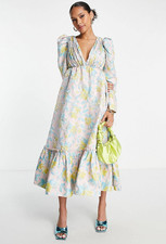 Asos NEW Floral Jacquard Puff sleeve Plunge neck Pleated High waist Midi Dress 8