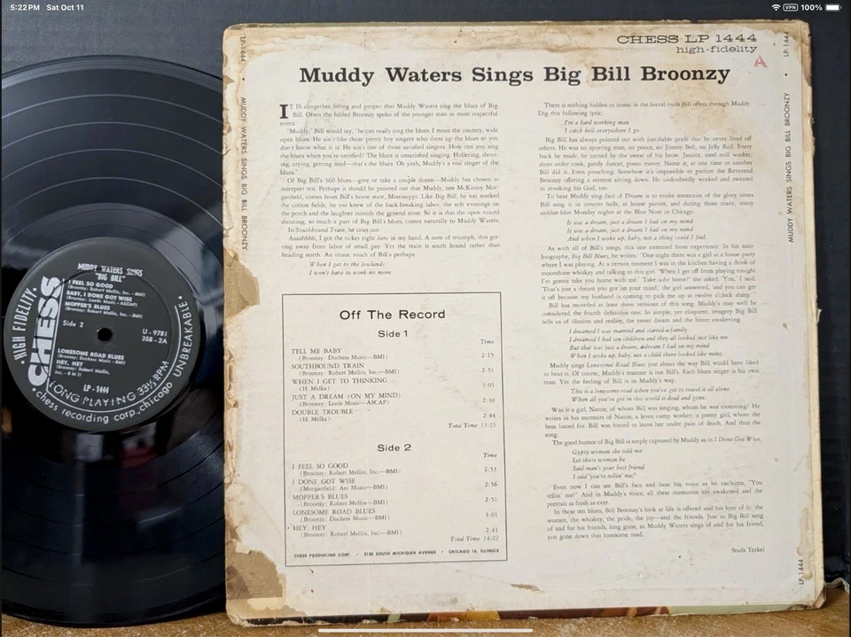 Muddy Waters Sings Big Bill Broonzy 1960 1st Press VG Vinyl LP  Mono - RARE - Image 4 of 4