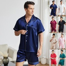 DE Set Herren Satin Seide Pyjamas Anzug Kleid Sommer Pjs Loungewear Pyjama