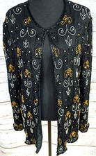 Vtg JMC Size L/XL 100 Silk Black Cardigan Long Sleeves Open Front Lined Beaded