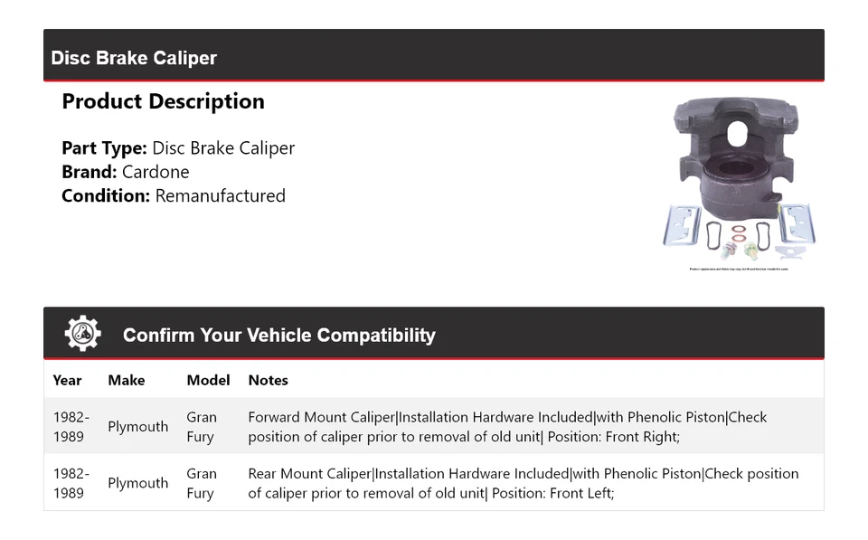 For 1982-1989 Plymouth Gran Fury Disc Brake Caliper Cardone 1983 1984 1985 1986 - Image 2 of 4