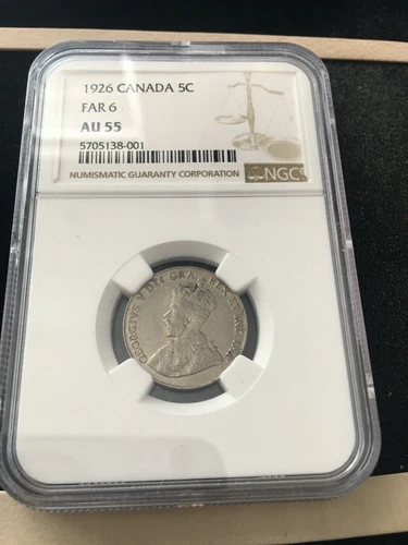 1926  Far 6  NGC Graded Canadian Five Cent, **AU-55**