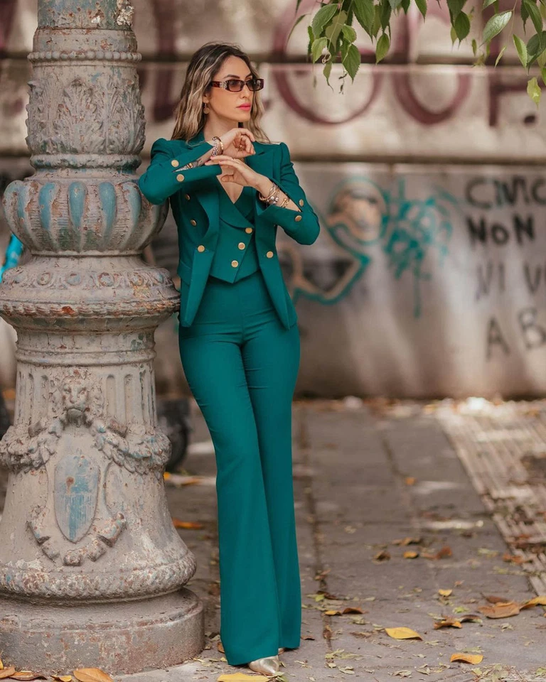 Traje para mujer de negocios con solapa de pico doble botonadura trabajo informal elegante traje pantalón Foto 4 de 4