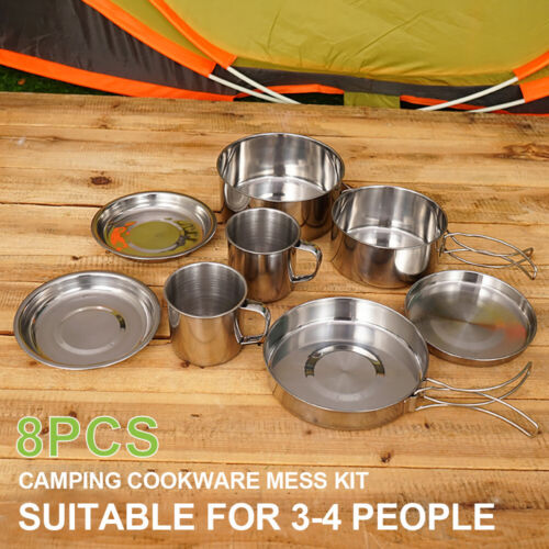 8pcs/Set Camping Cookware Mess Kit Stainless Steel Cooking Pot and Pan Set with - Picture 4 of 10