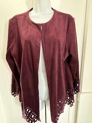 BOB MACKIE Wearable Art Maroon Purple Jacket Blazer Faux Suede Laser Cut Outs  L