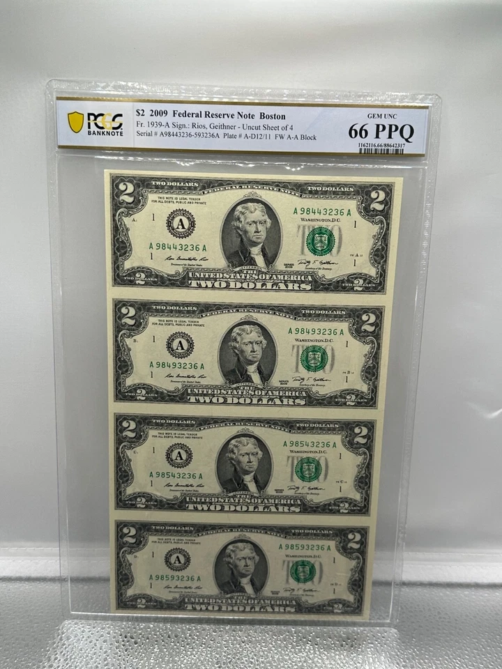 $2 2009 Federal Reserve Note Boston uncut sheet of 4 PCGS 66 PPQ - Image 2 of 4