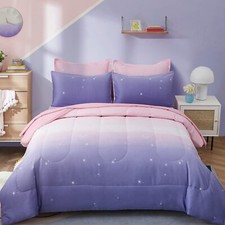 Girls Comforter Set Twin Size 6 Pieces Bed in A Bag Colorful Ombre Pink Purpl...