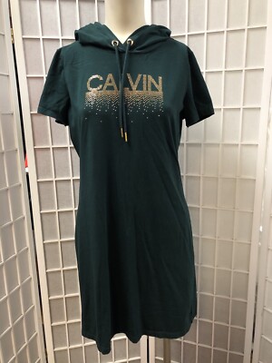 calvin klein hoodie dress short sleeve Calvin Klein Womans Size S Hoodie T Shirt Dress Black Short Sleeve Golden  Logo