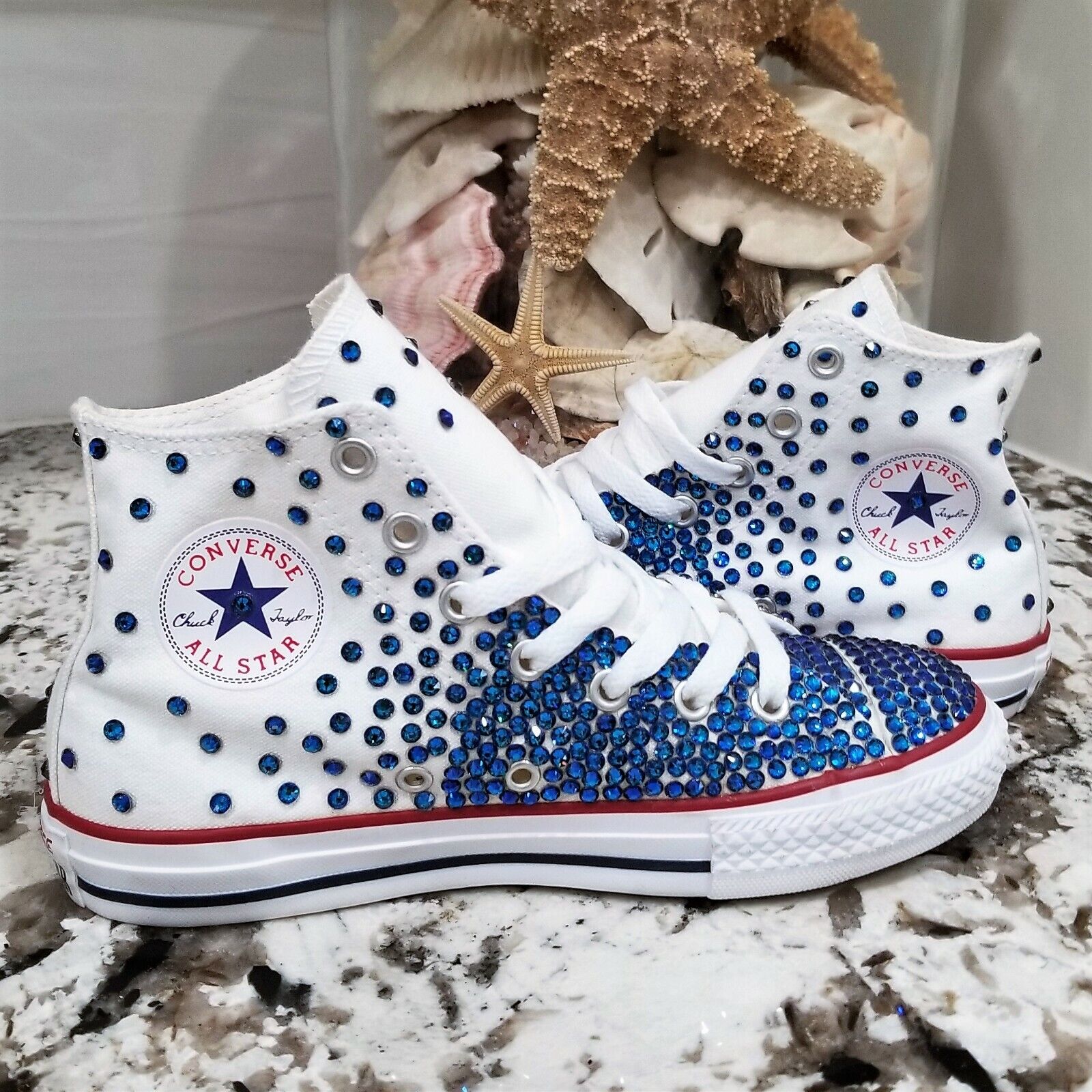 Converse All Star Youth Hi Top Jeweled Sneakers White Canvas Blue Youth 2  NEW | eBay